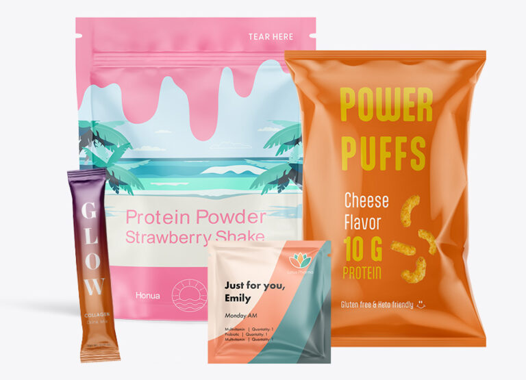 Range of flexible packaging for nutraceuticals. one stick pack. one stand up pouch for protein powder with tear notch and powder resistant zipper. one 3-side seal pouch for vitamin pack. one pillow pouch for protein puffs snack