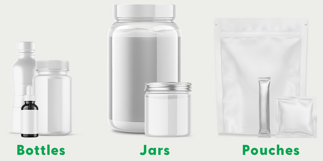 finding the best packaging for supplements: line up of various bottles, jars and pouches