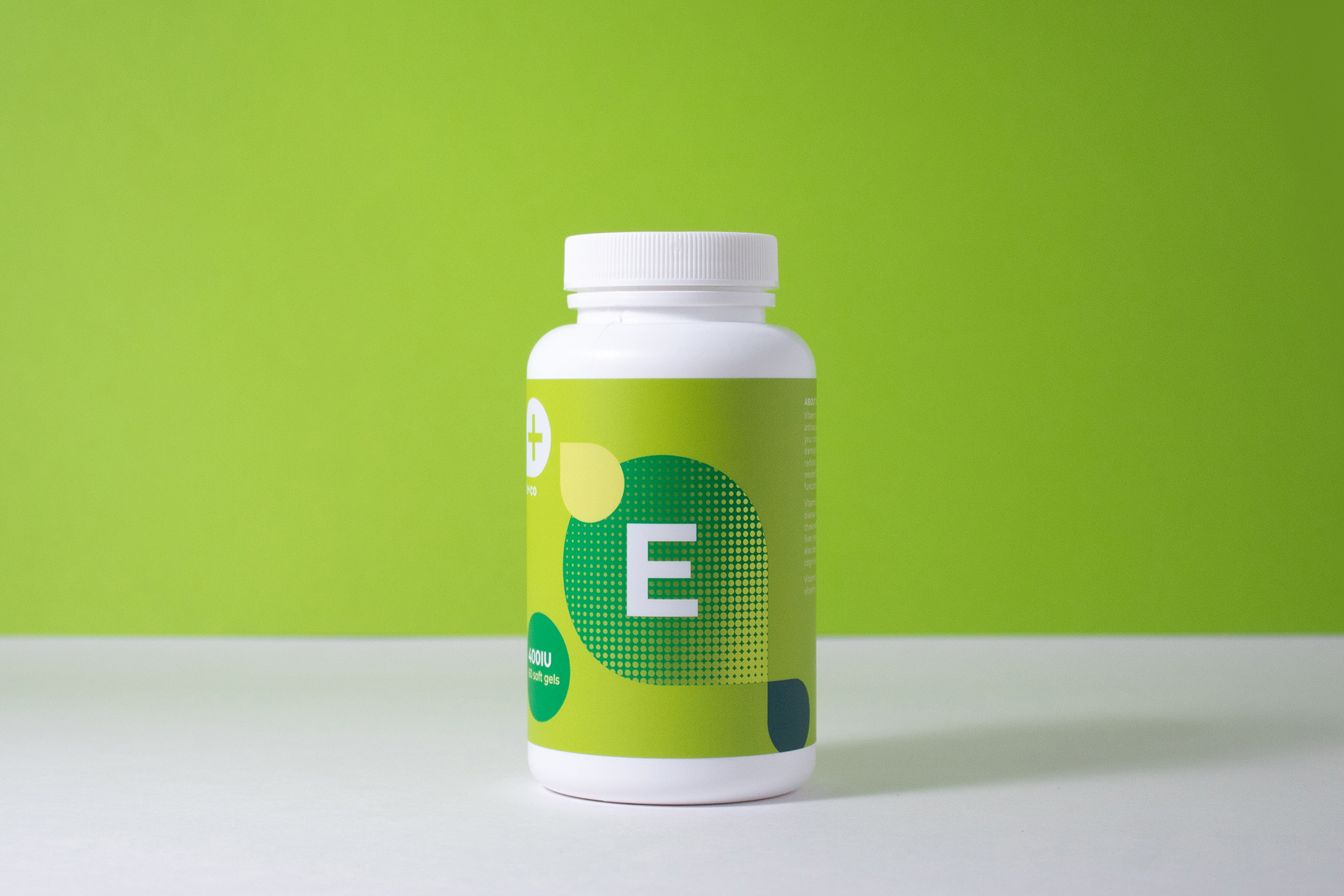 Bottle of vitamin E capsules. Eye-catching supplement label design
