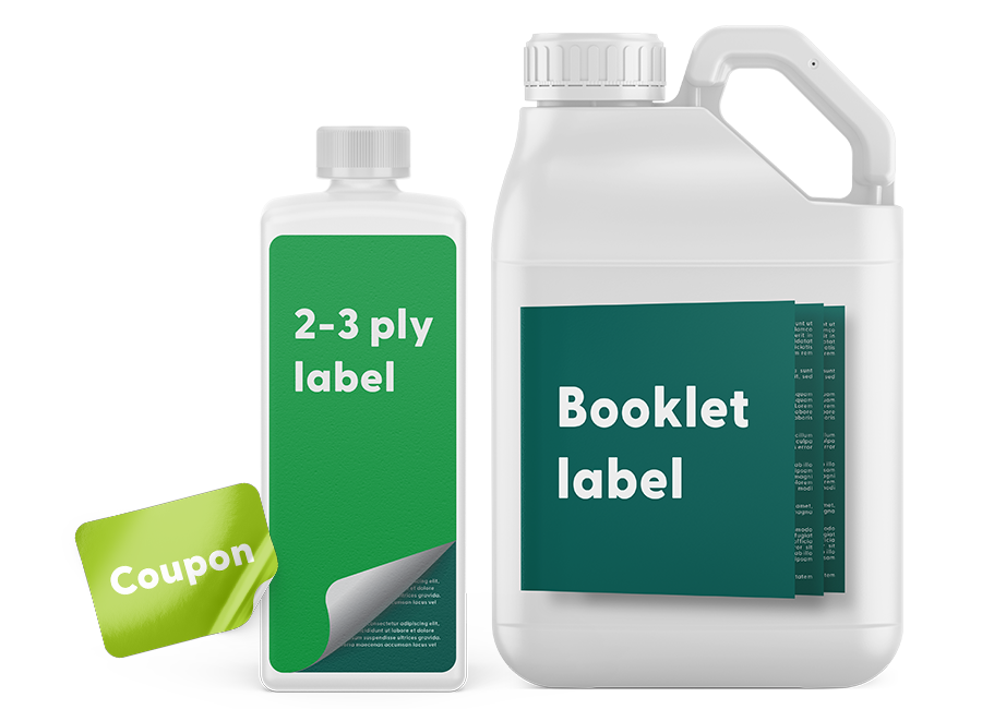 collection of extended content multi-ply labels and booklet labels