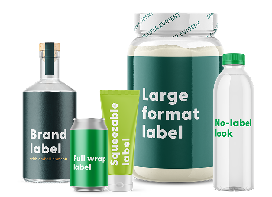 collection of custom product labels for brand labels, embellished labels, full wrap labels, squeezable labels, large format labels, and no-label look