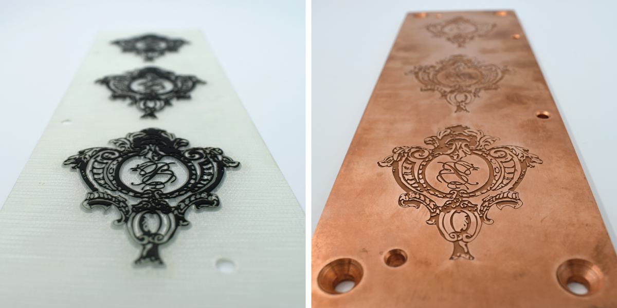 Close-up view of high-quality embossing plates used for premium label embellishments, showcasing intricate designs and precise craftsmanship. Ideal for luxury packaging, these embossing plates enhance brand visibility and add a tactile dimension to labels.