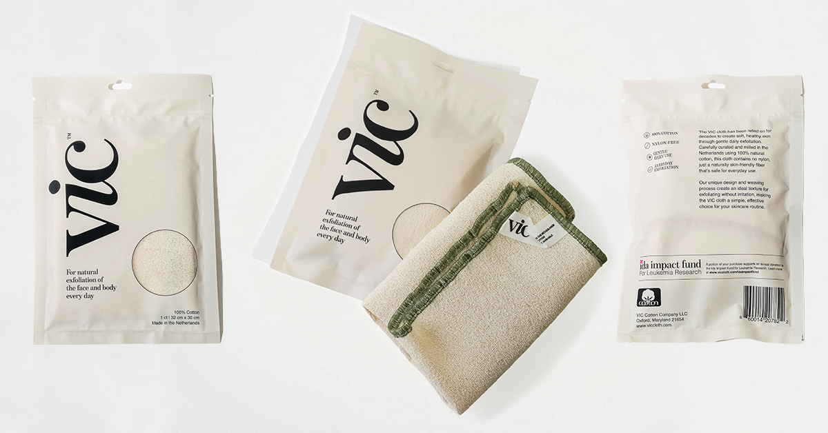 Flexible packaging pouch for VIC Exfoliating Cloth with resealable zipper and clear product window.