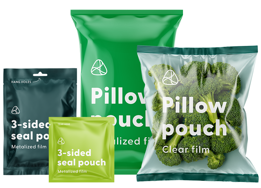 various non-reclosable flexible packaging pouches. 3-sided seal pouch with metalized film hang holes and tear notch. pillow pouch with metalized film. pillow pouch with clear film.