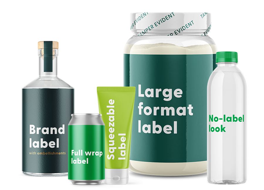 collection of custom product labels for brand labels, embellished labels, full wrap labels, squeezable labels, large format labels, and no-label look