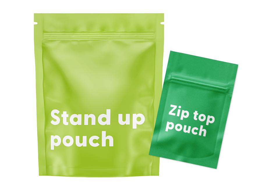 various reclosable flexible packaging pouches. stand up pouch with clear window and zipper. zip top pouch with clear window. stand up pouch with powder resistant zipper and tear notch. zip top pouch for medical use