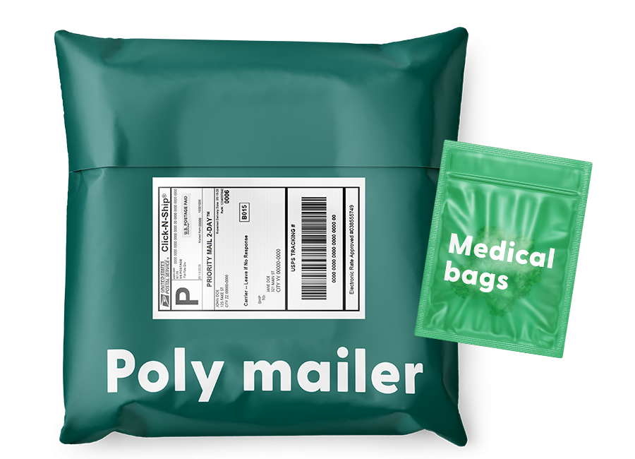 two specialty flexible packaging bags. one tape-seal mailer for easy peel and re-seal. one medical bag with tamper evidence and child-resistance closure
